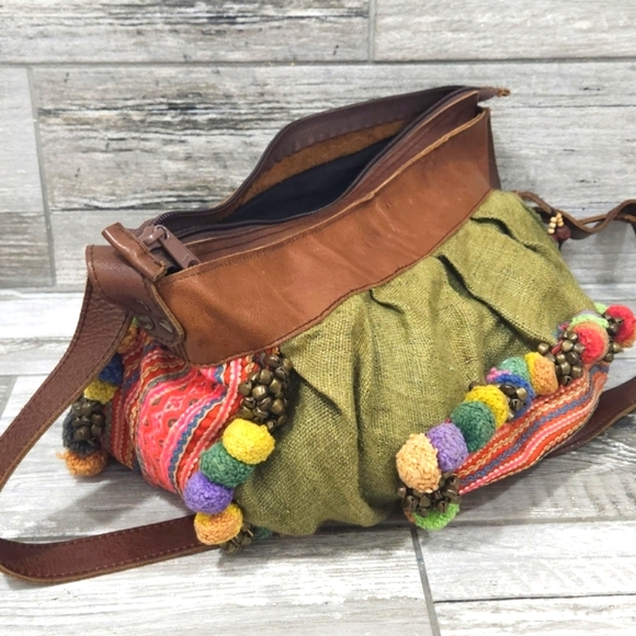 HANDMADE Boho/New Age Leather Linen Pom-Pom Bell Detail Crossbody Style Handbag - Picture 8 of 16